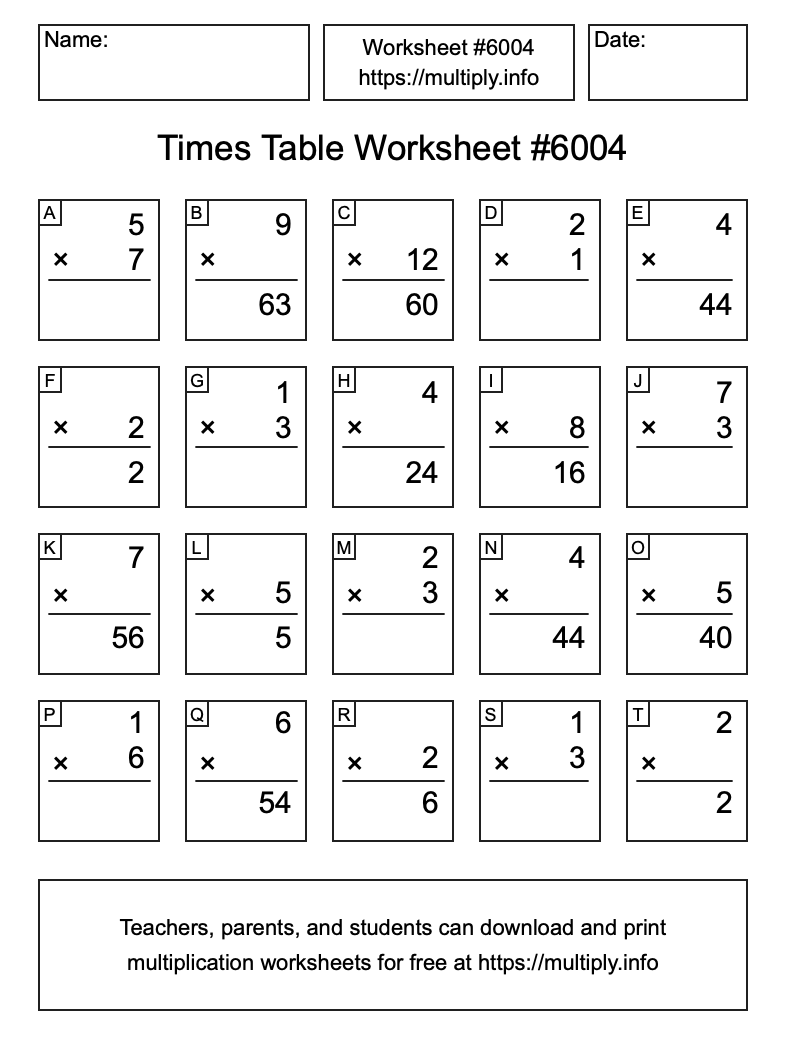Times Table Worksheet #6004