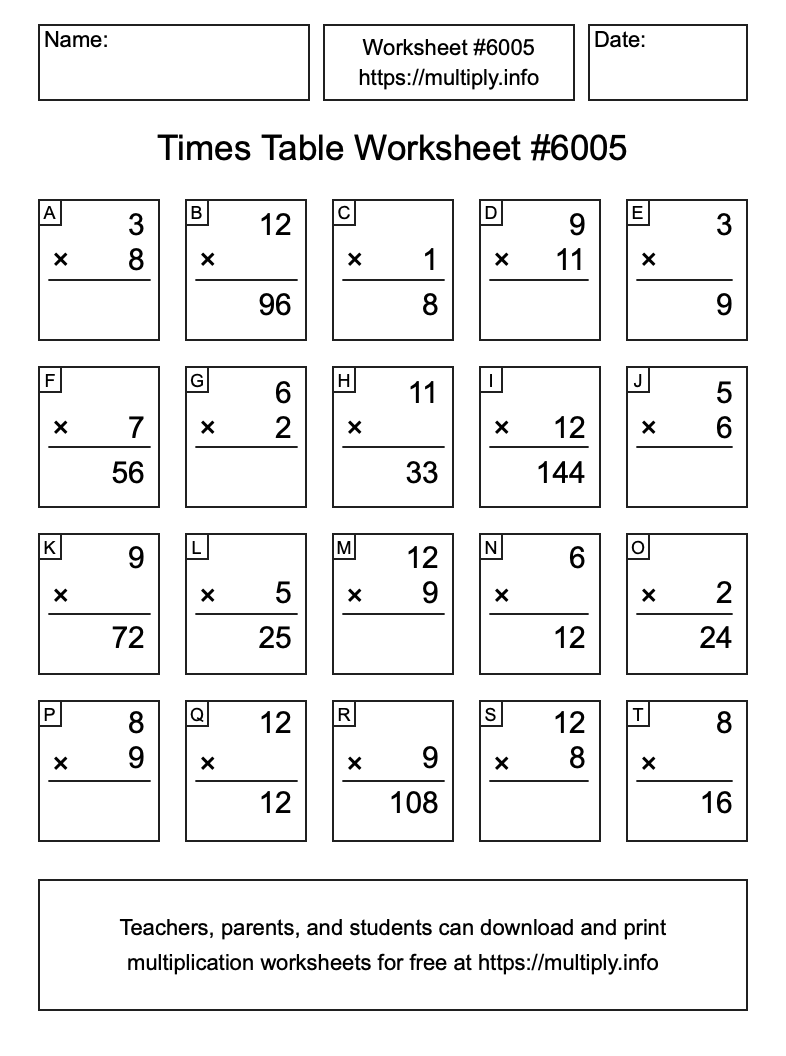 Times Table Worksheet #6005