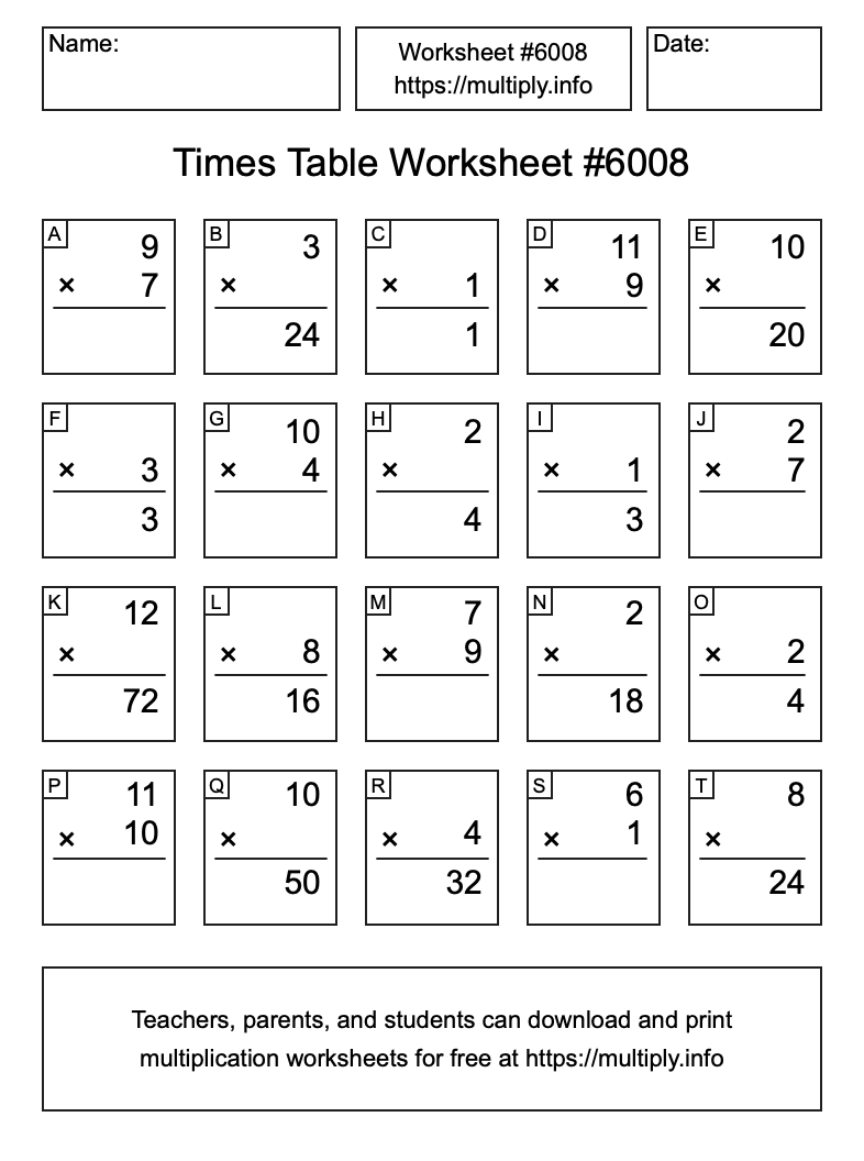 Times Table Worksheet #6008