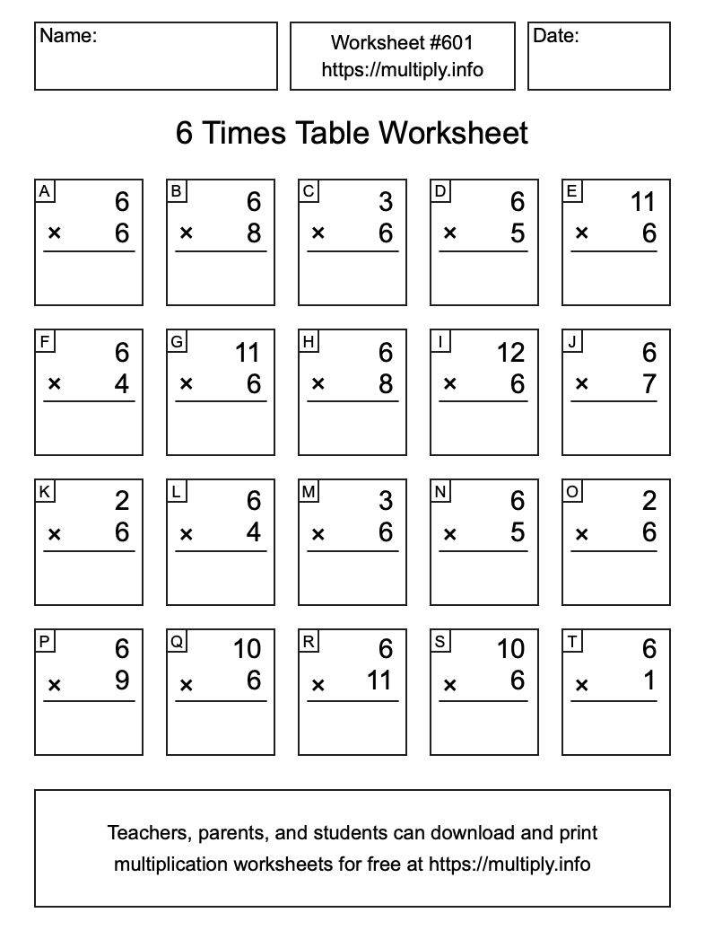 6 Times Table Worksheet #601