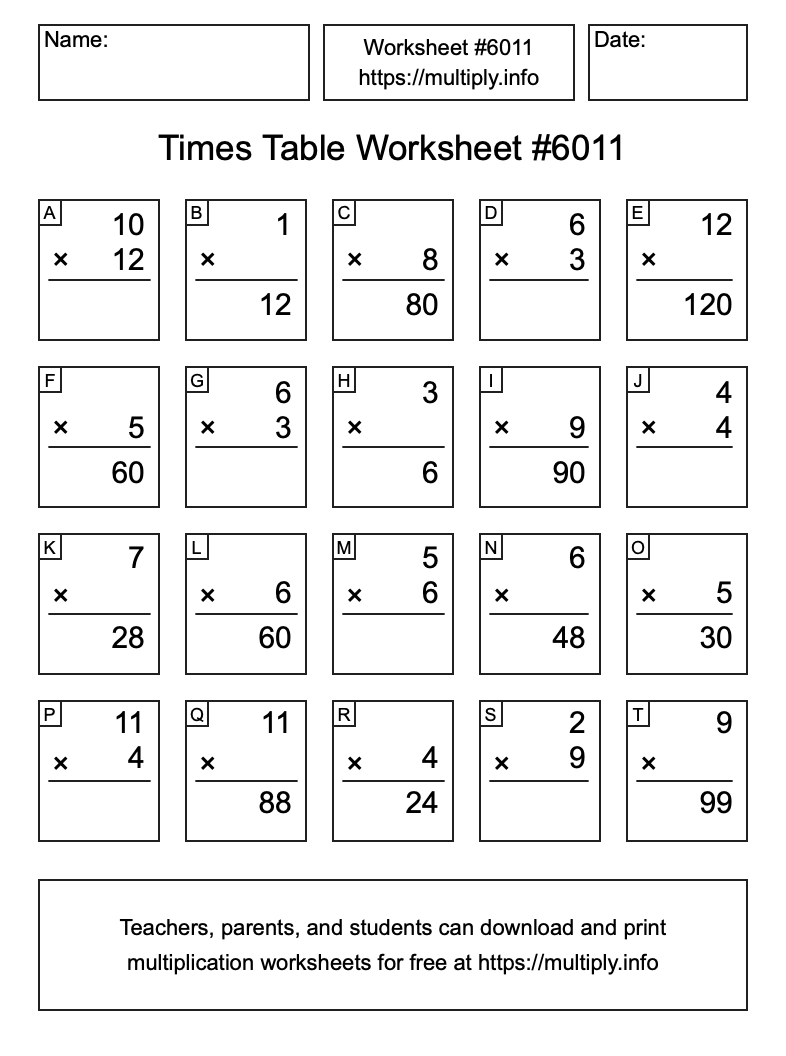 Times Table Worksheet #6011