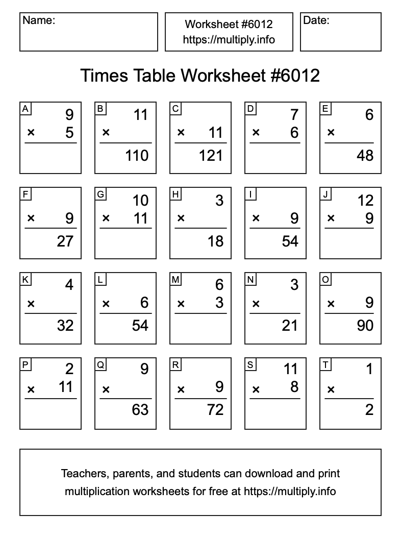Times Table Worksheet #6012