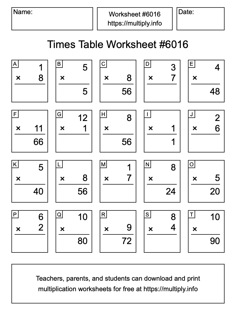 Times Table Worksheet #6016