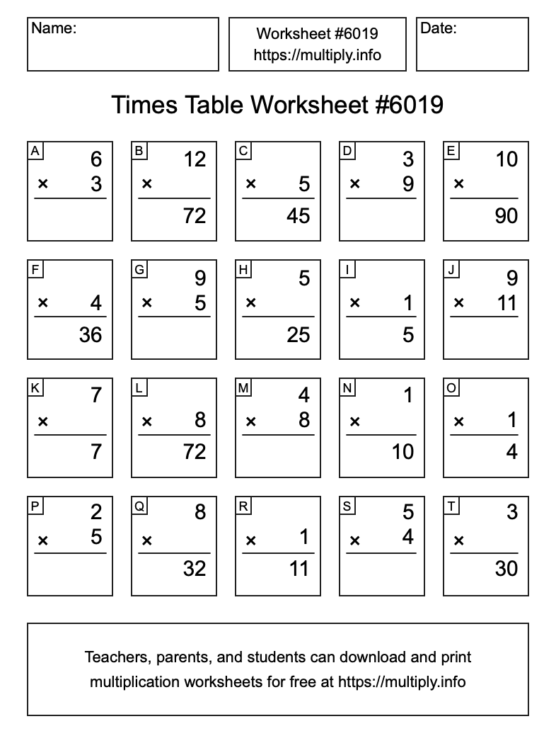 Times Table Worksheet #6019