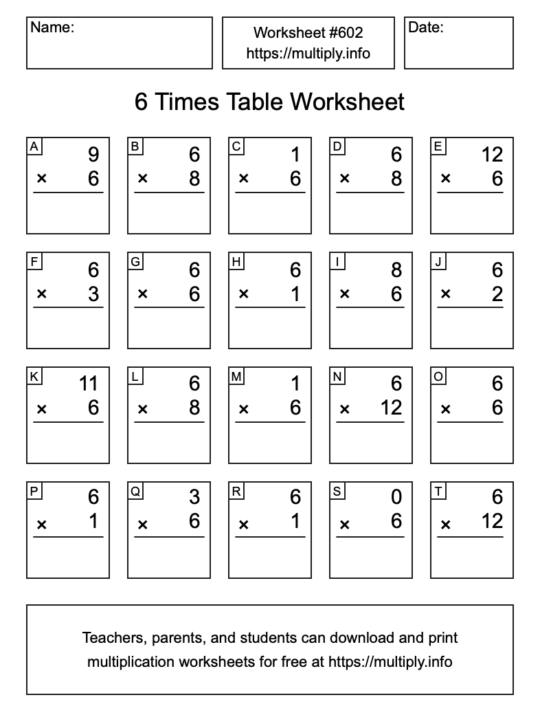 6 Times Table Worksheet #602