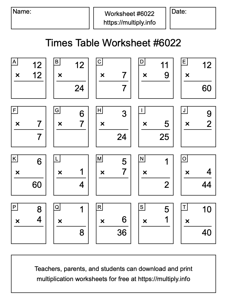 Times Table Worksheet #6022