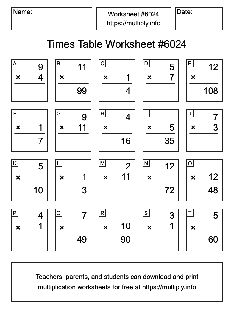 Times Table Worksheet #6024