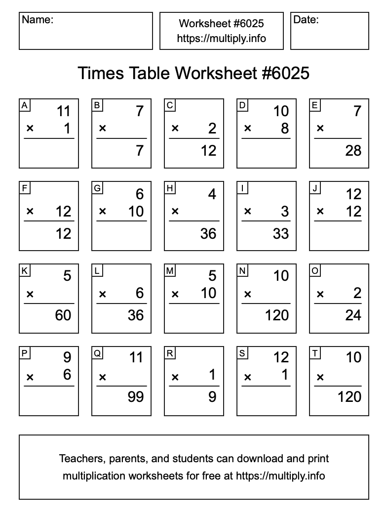 Times Table Worksheet #6025