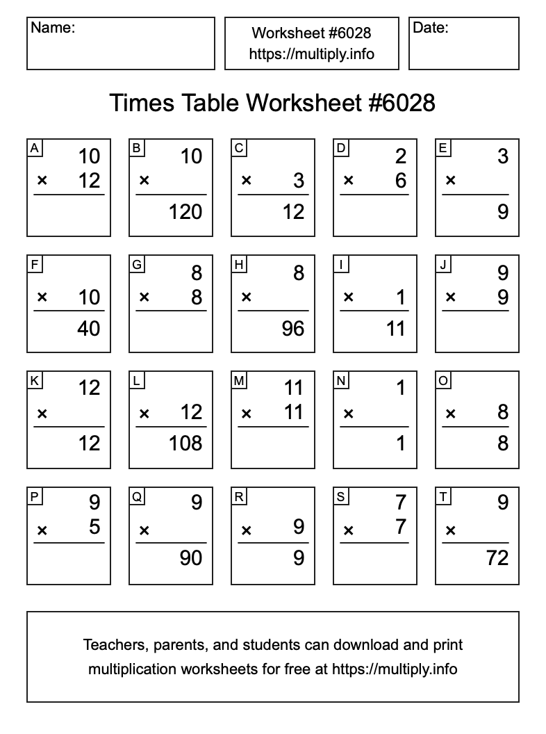 Times Table Worksheet #6028