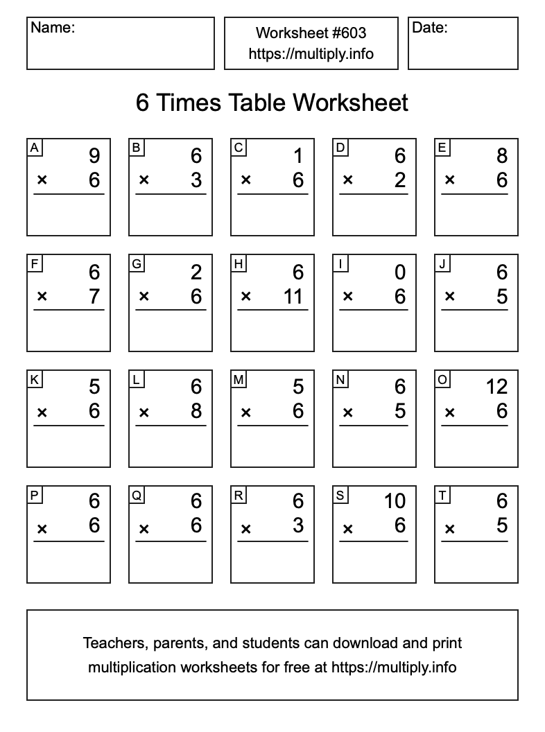 6 Times Table Worksheet #603
