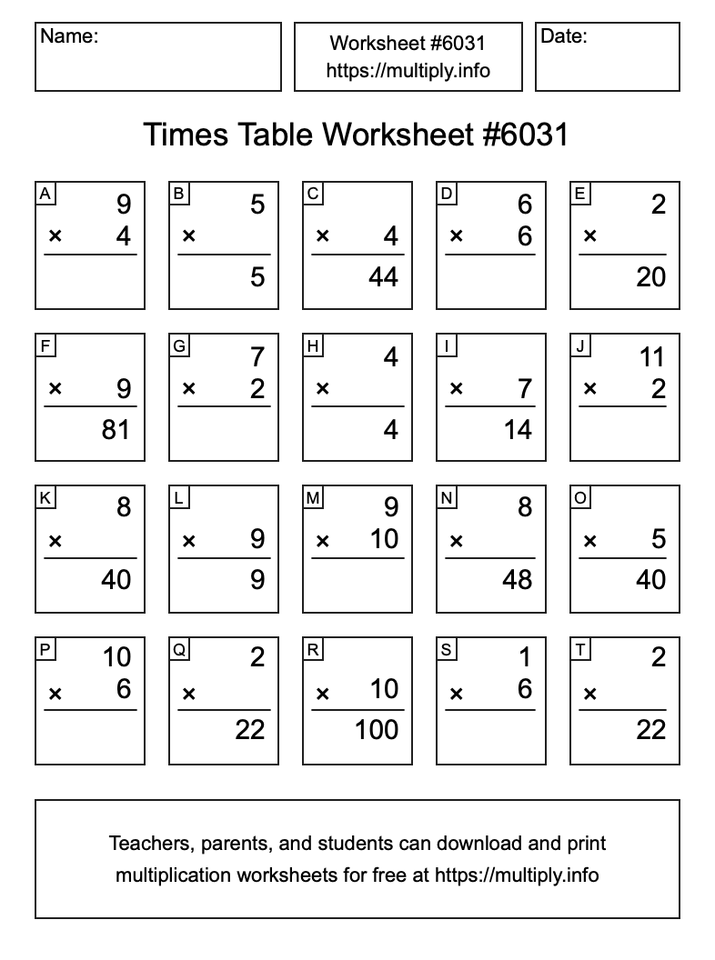 Times Table Worksheet #6031