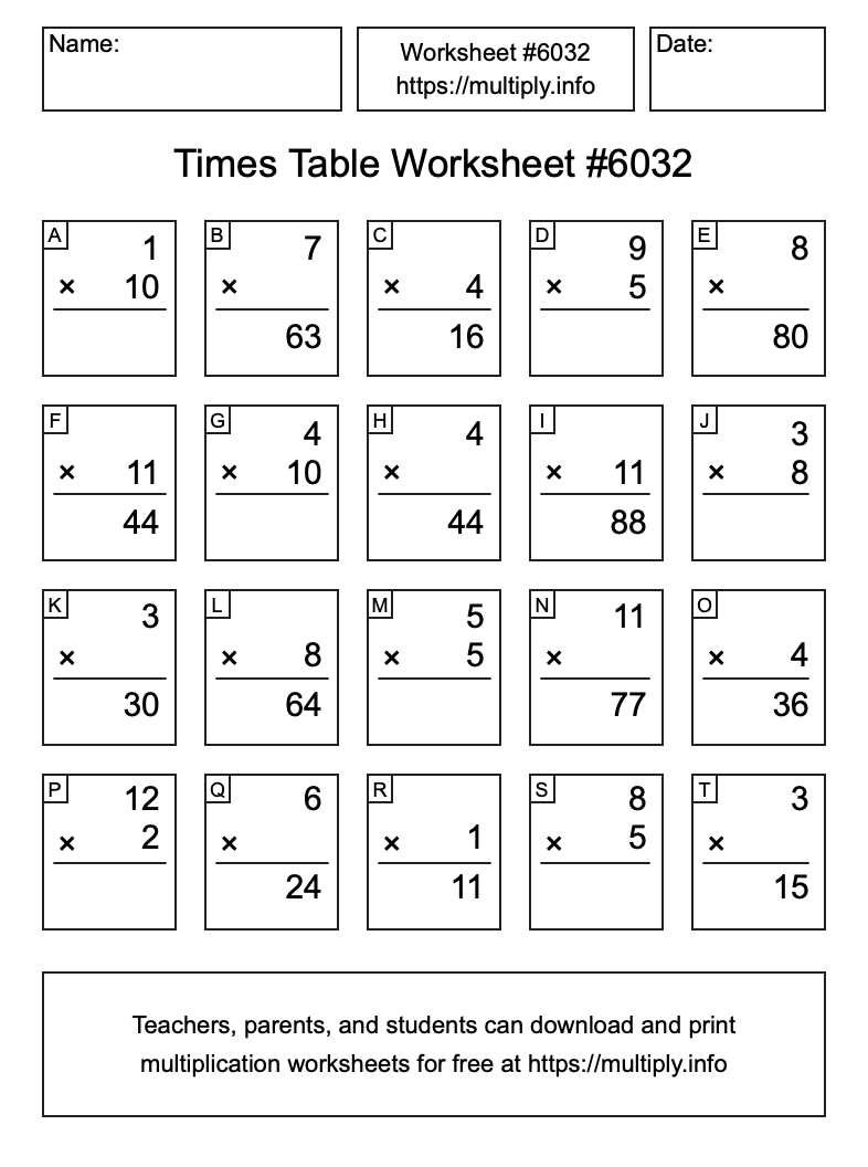 Times Table Worksheet #6032