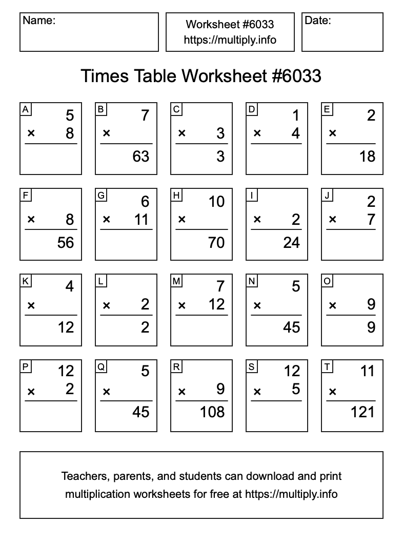 Times Table Worksheet #6033