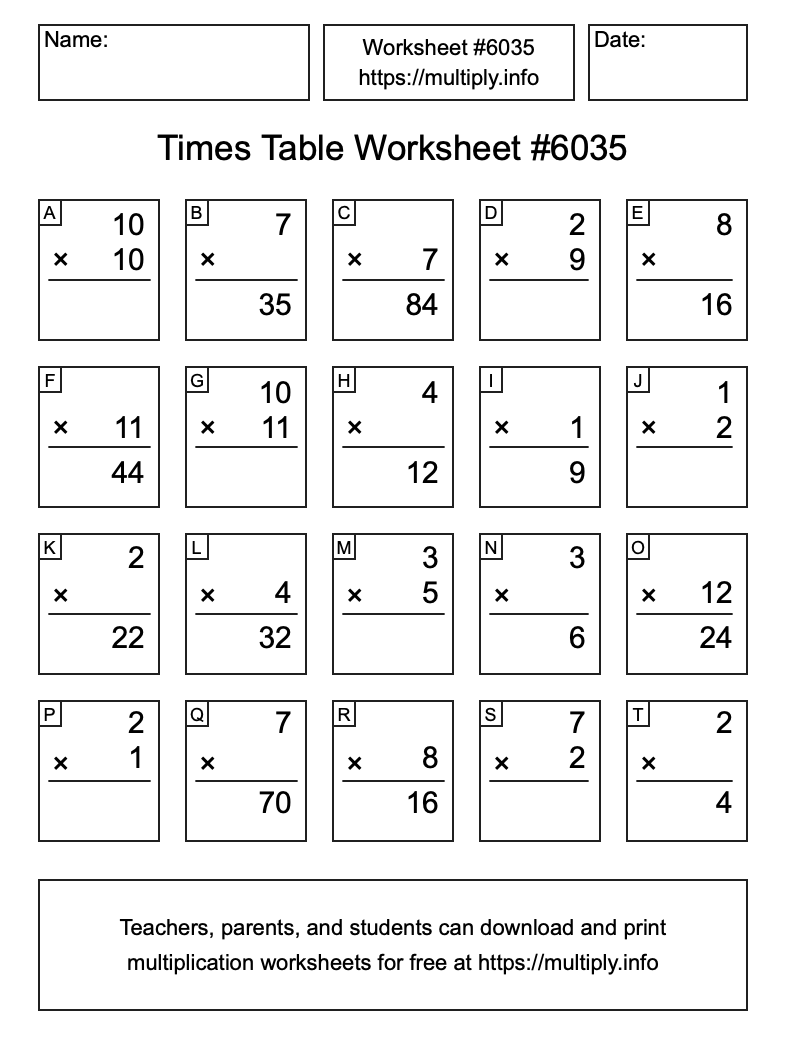 Times Table Worksheet #6035
