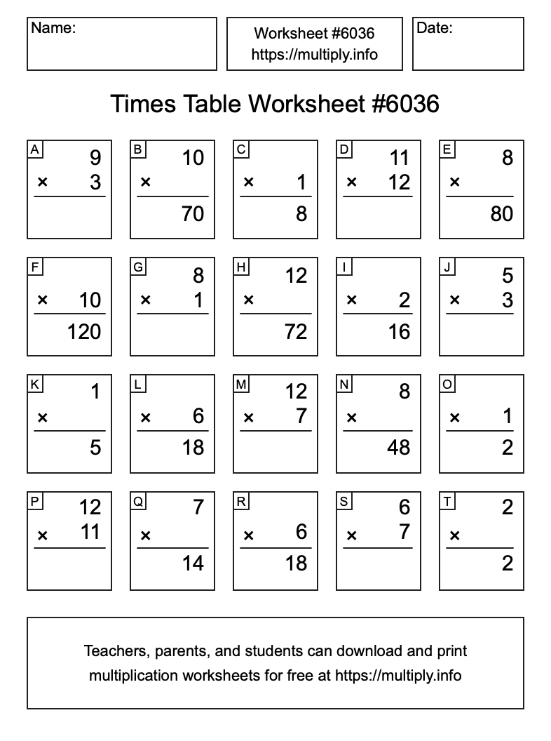 Times Table Worksheet #6036