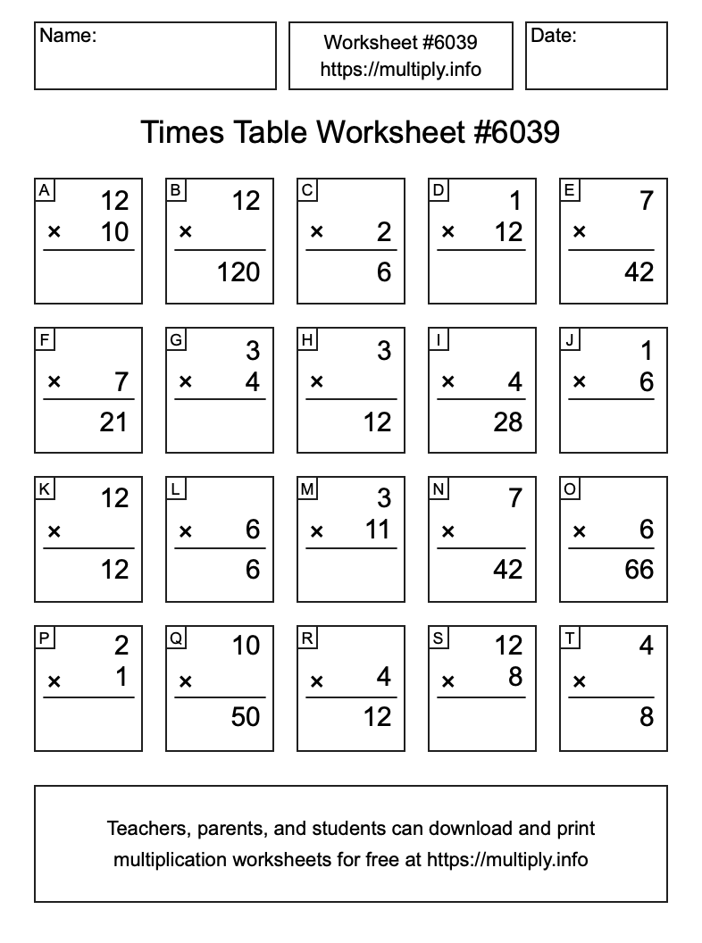 Times Table Worksheet #6039