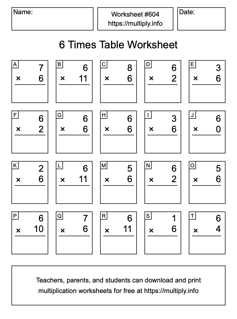 6 Times Table Worksheet #604