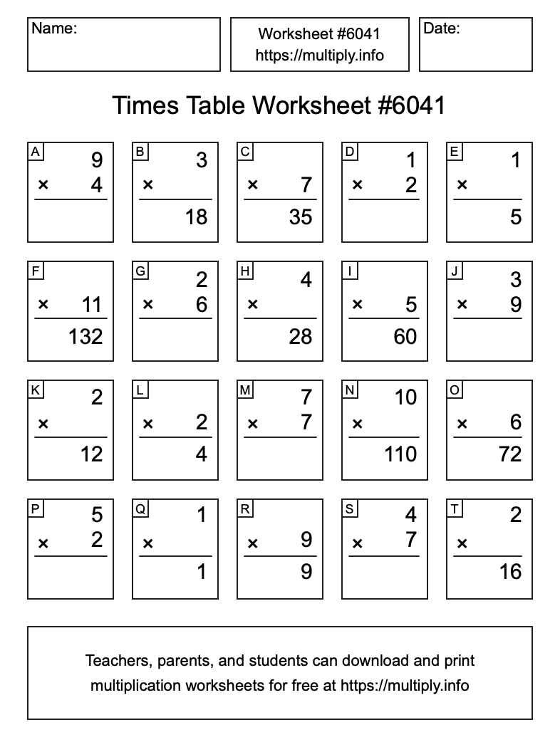 Times Table Worksheet #6041