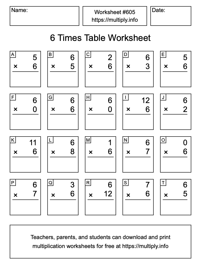 6 Times Table Worksheet #605