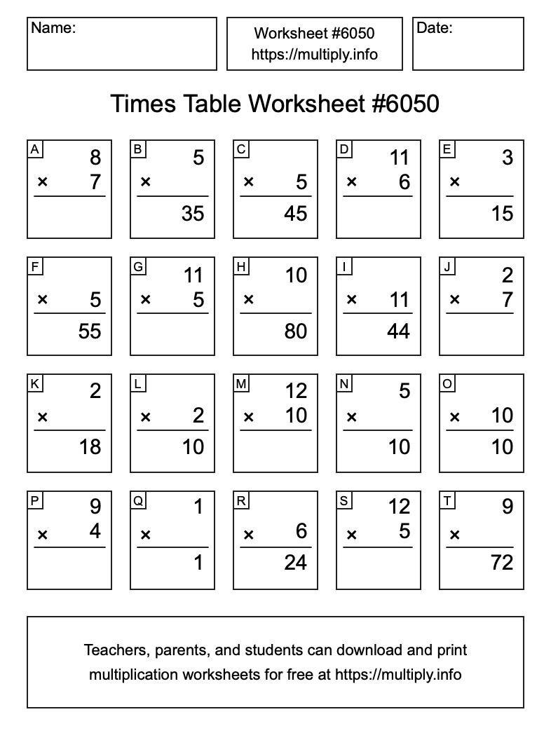 Times Table Worksheet #6050