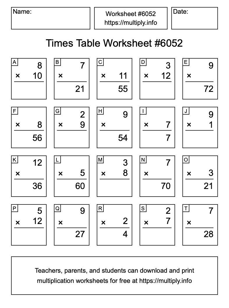 Times Table Worksheet #6052