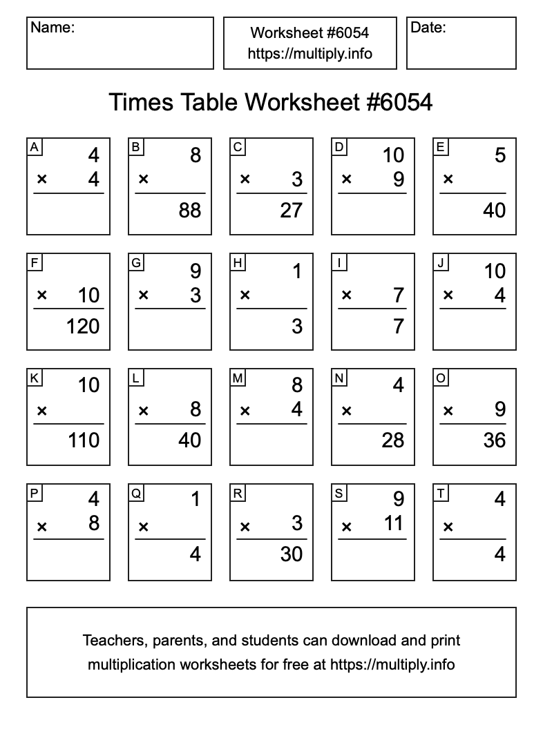 Times Table Worksheet #6054