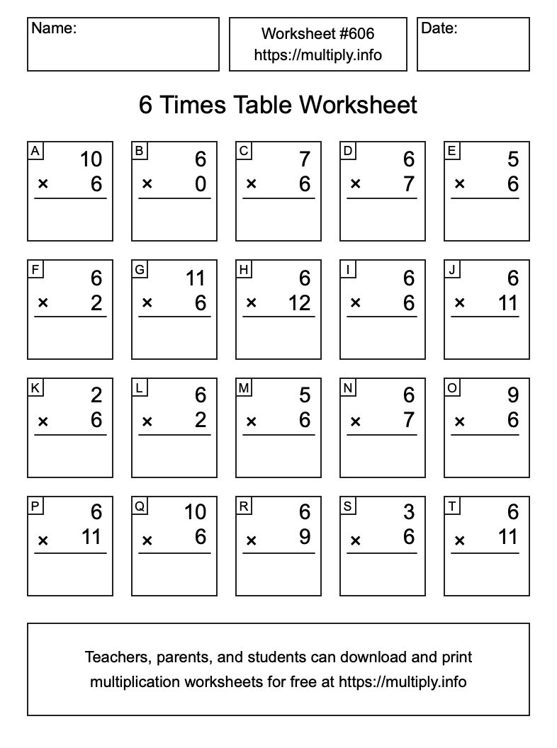 6 Times Table Worksheet #606
