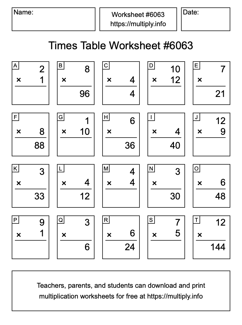 Times Table Worksheet #6063