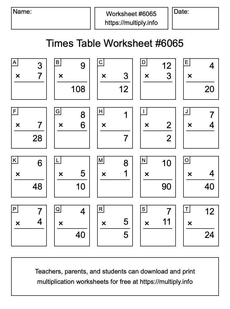 Times Table Worksheet #6065