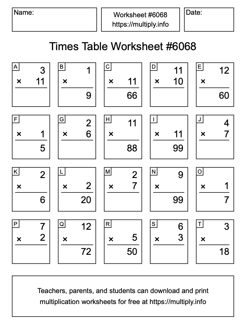 Times Table Worksheet #6068