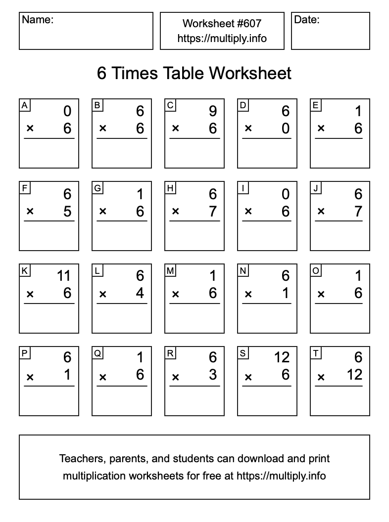 6 Times Table Worksheet #607