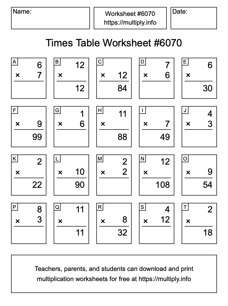 Times Table Worksheet #6070