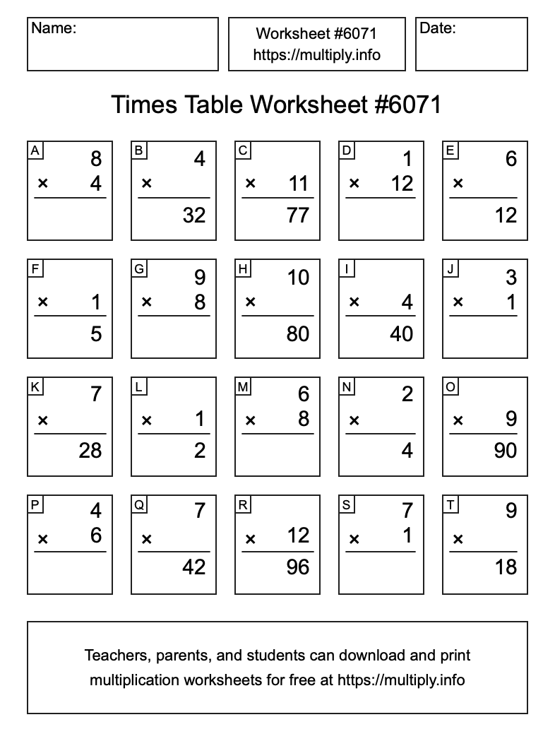 Times Table Worksheet #6071