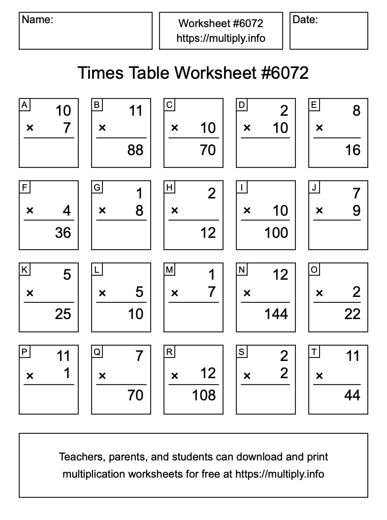 Times Table Worksheet #6072