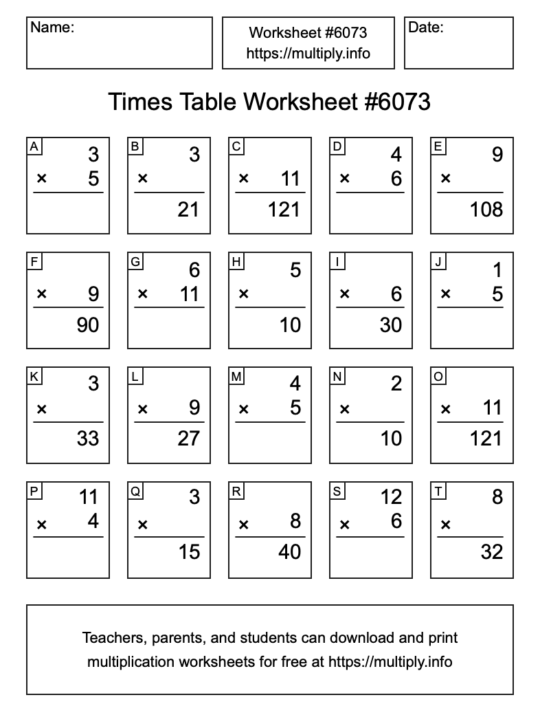 Times Table Worksheet #6073