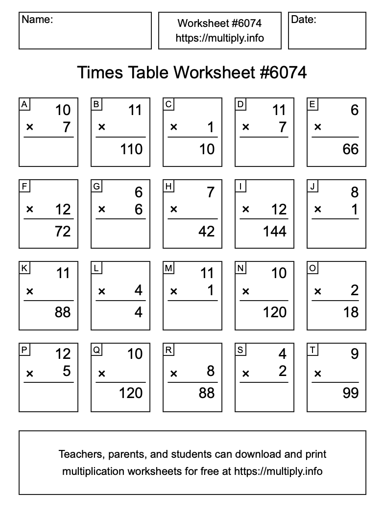 Times Table Worksheet #6074