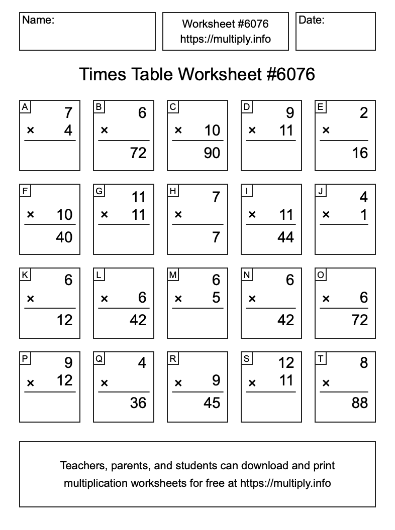 Times Table Worksheet #6076