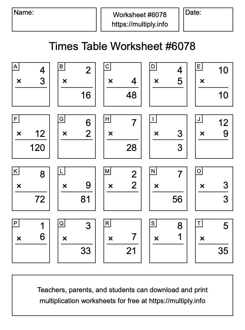 Times Table Worksheet #6078