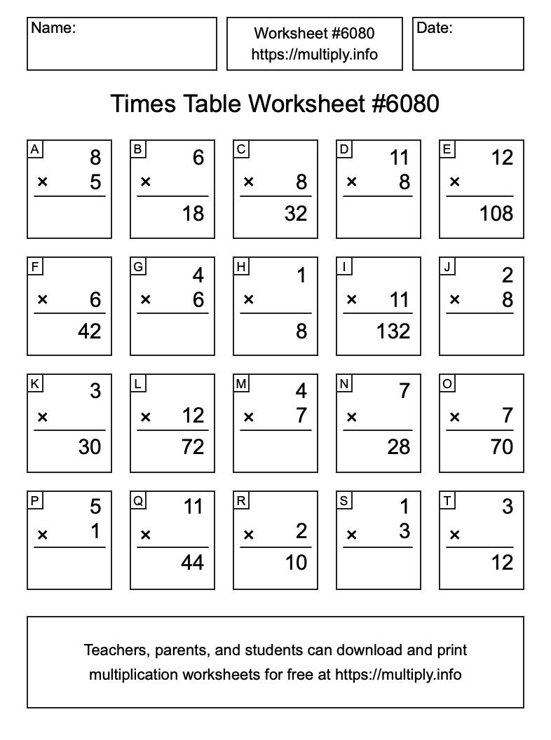 Times Table Worksheet #6080
