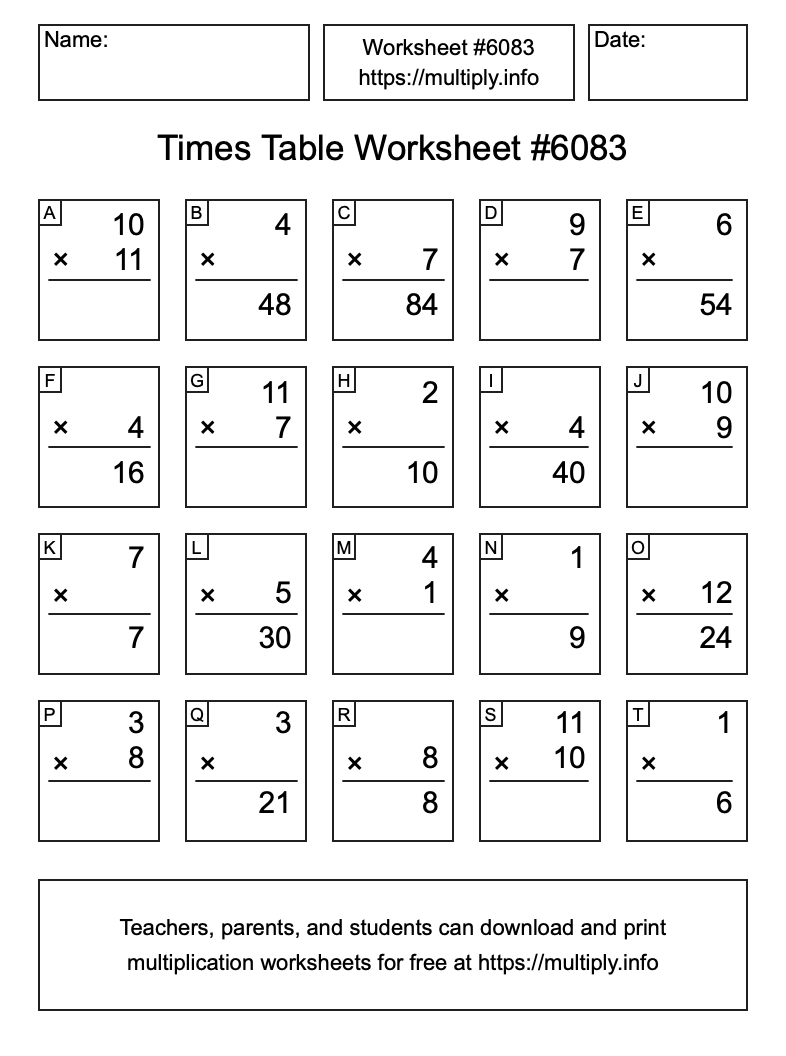 Times Table Worksheet #6083