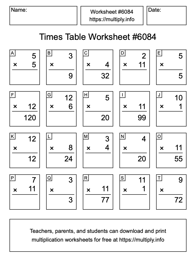 Times Table Worksheet #6084