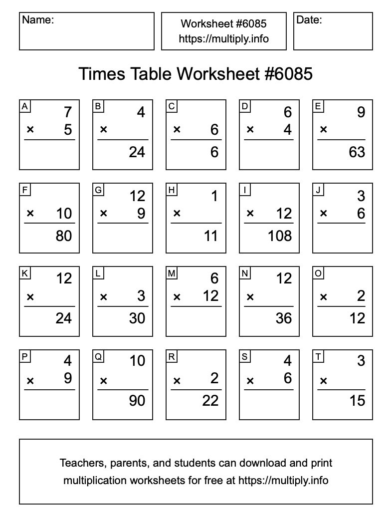 Times Table Worksheet #6085