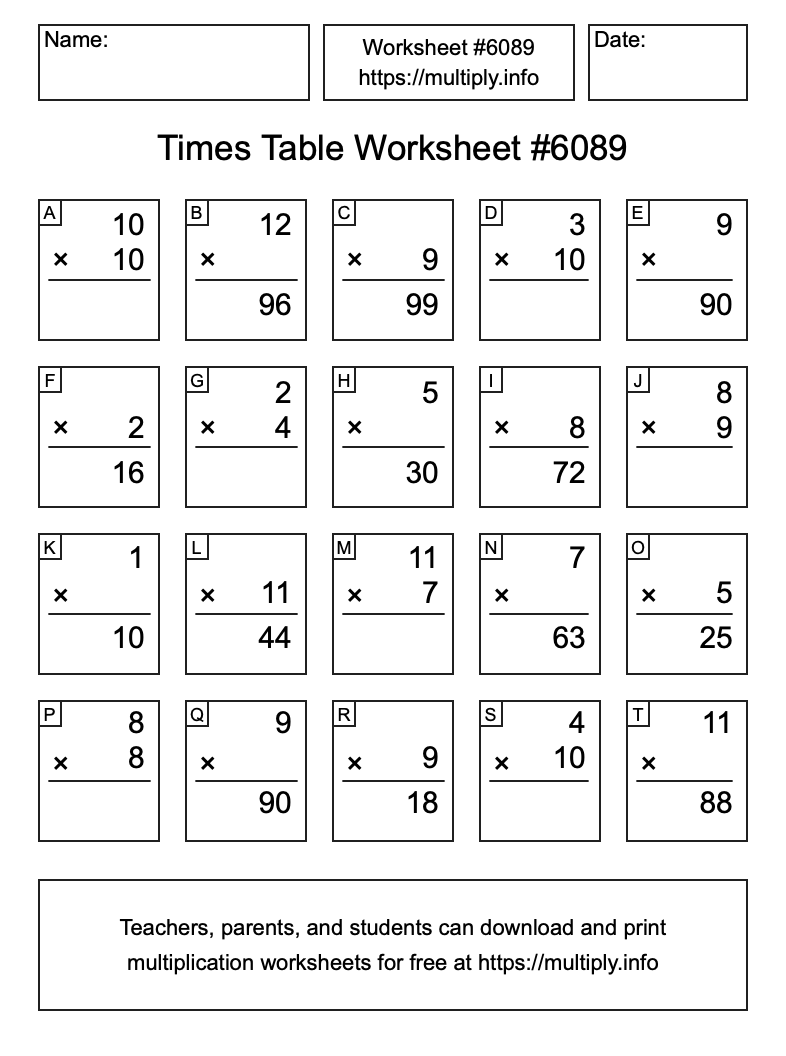 Times Table Worksheet #6089