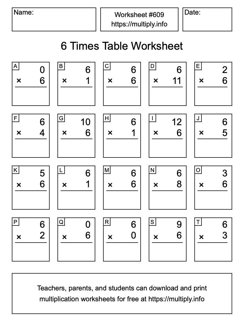 6 Times Table Worksheet #609