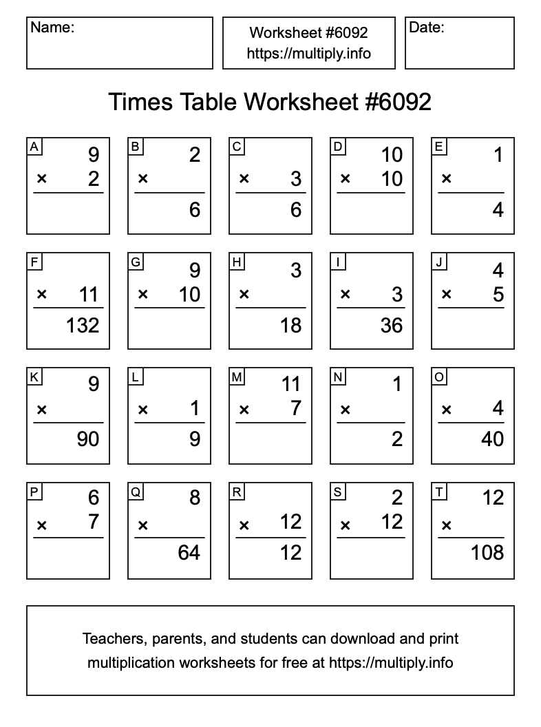 Times Table Worksheet #6092