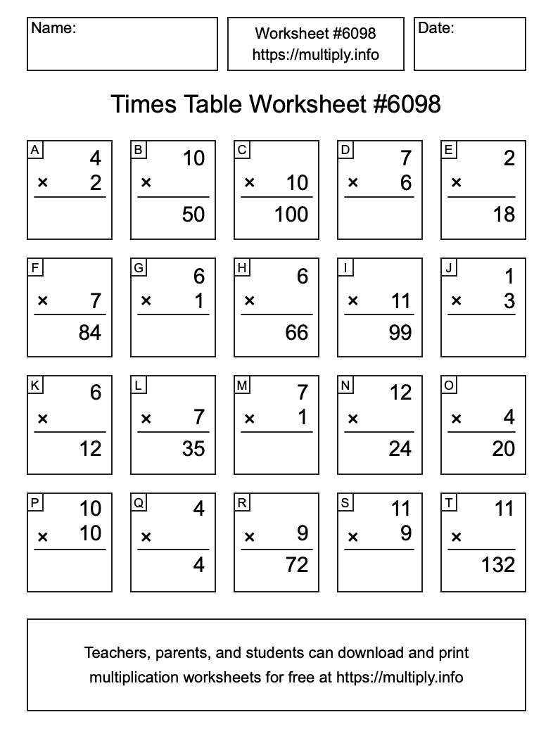 Times Table Worksheet #6098