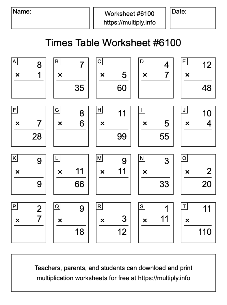 Times Table Worksheet #6100