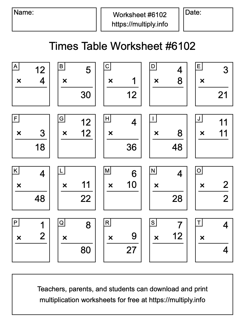 Times Table Worksheet #6102