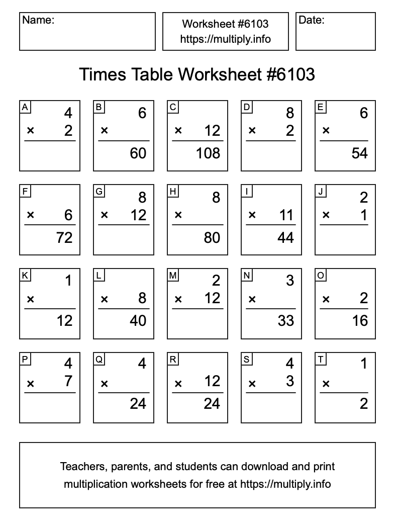Times Table Worksheet #6103