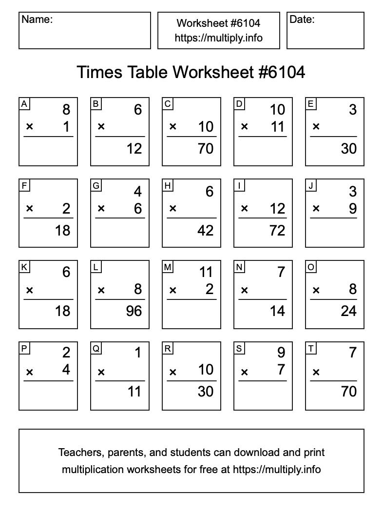 Times Table Worksheet #6104